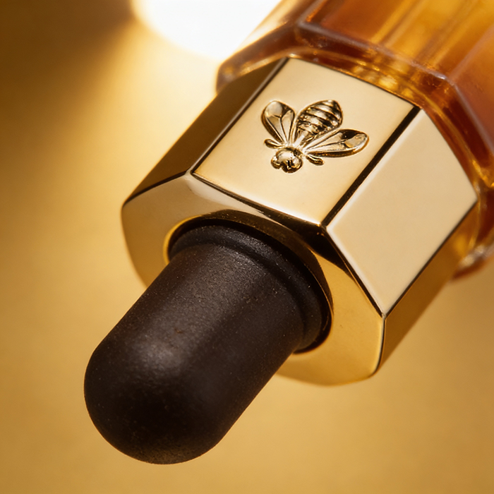 Cap, Bee Emblem & Pipette Bulb (detail focus)