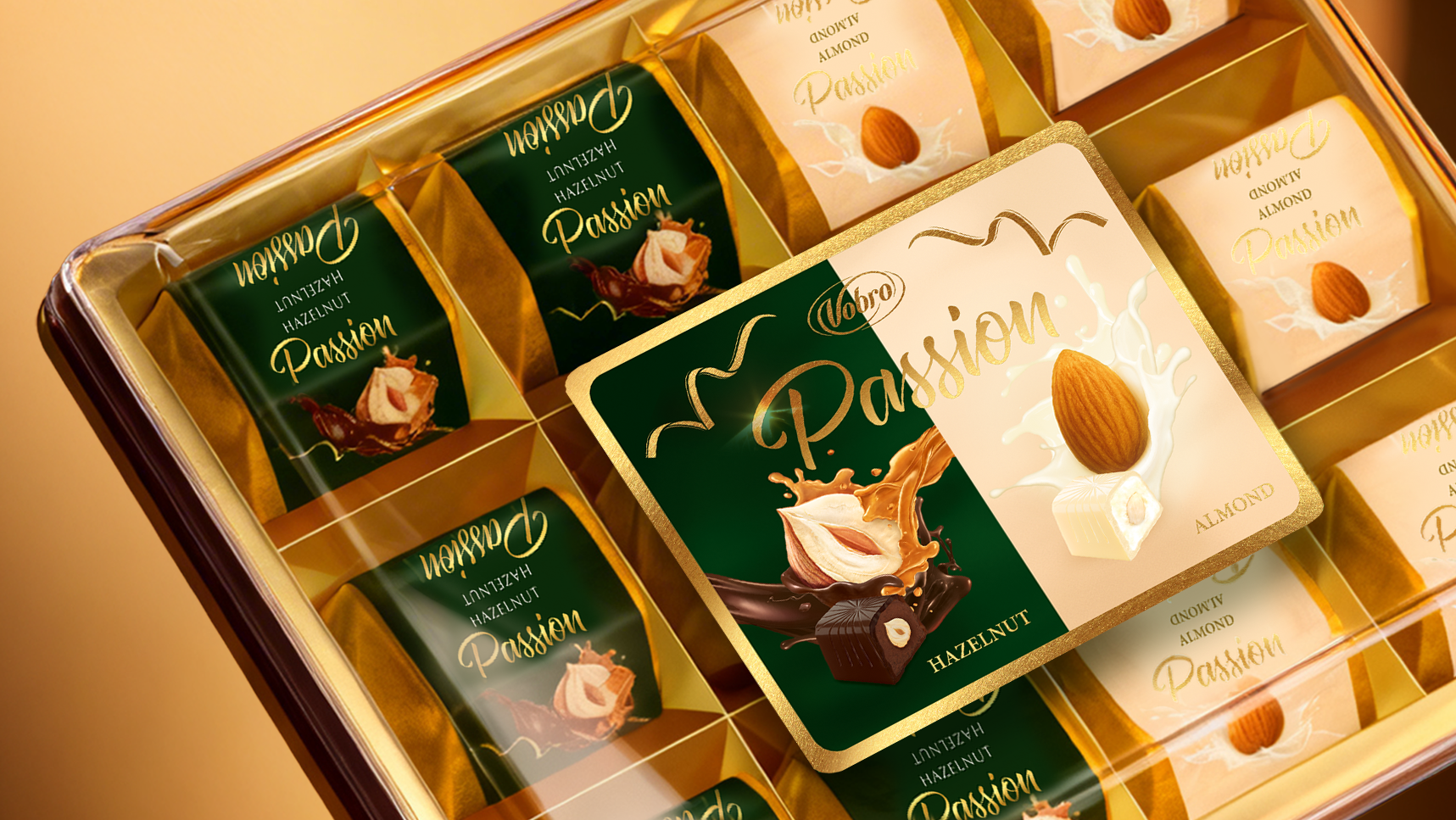 Open tray · pralines with hero plaque