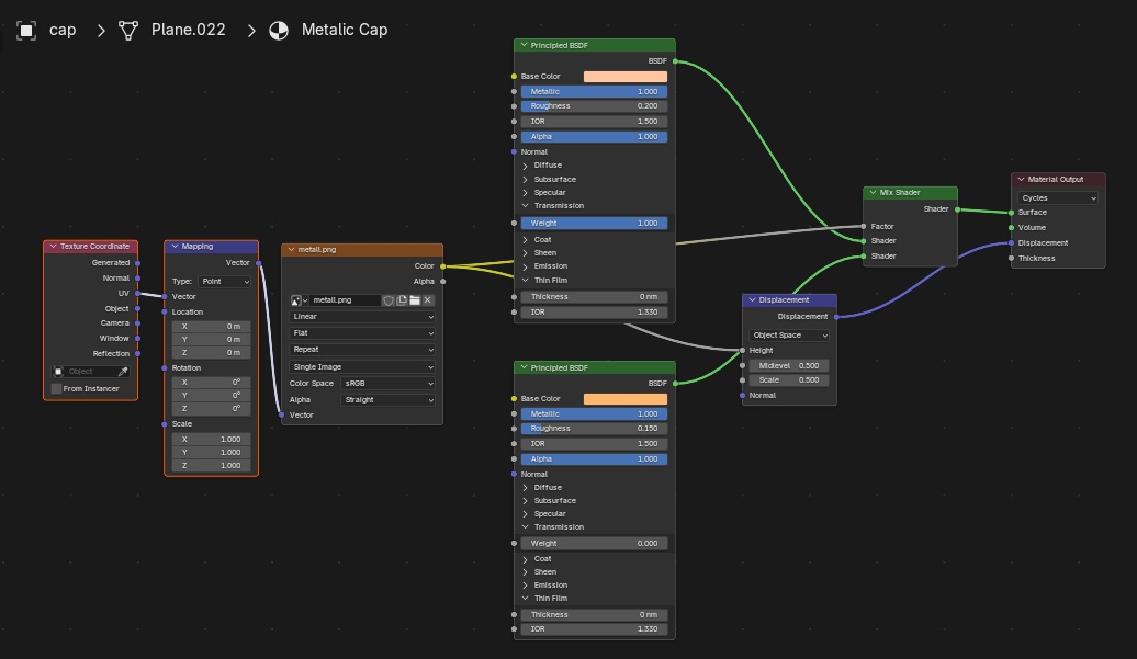 Metallic shader node graph and preview